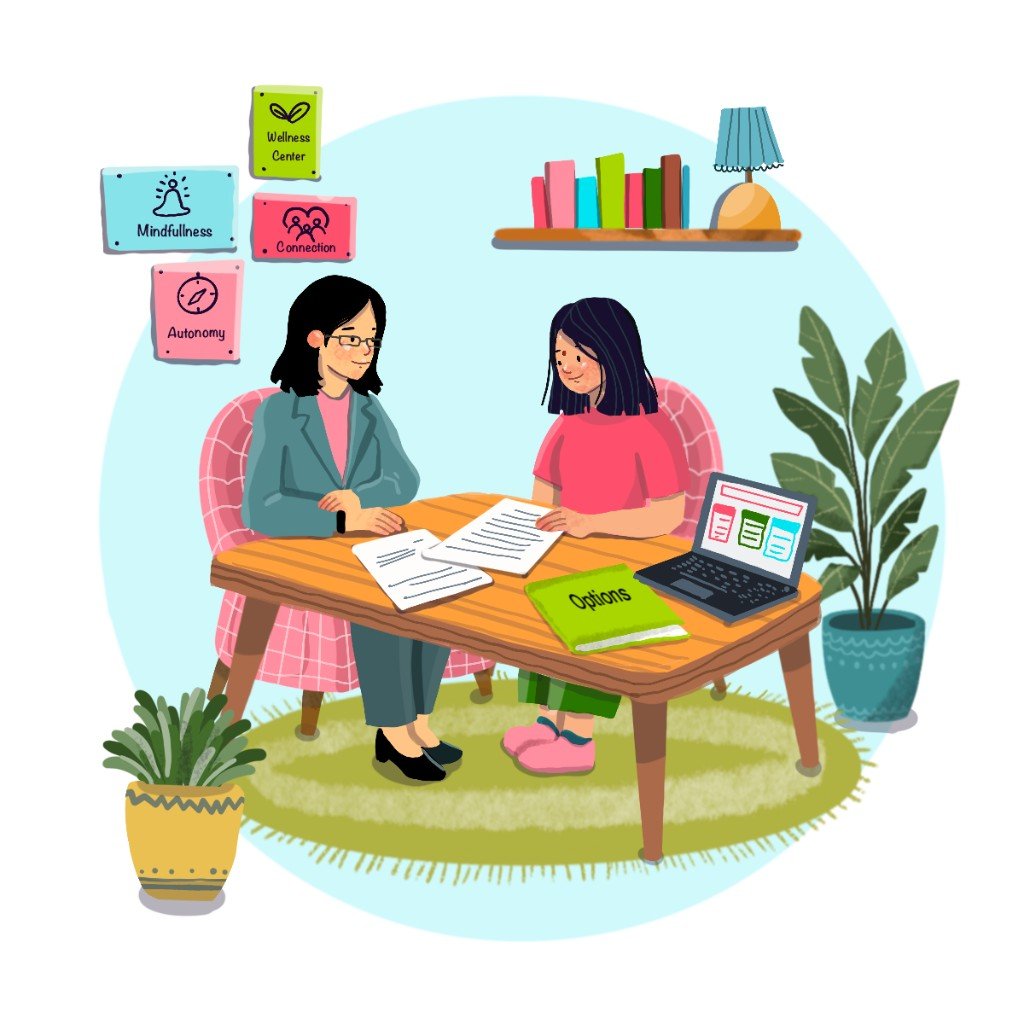 Two people sitting together at a table, looking through support options
