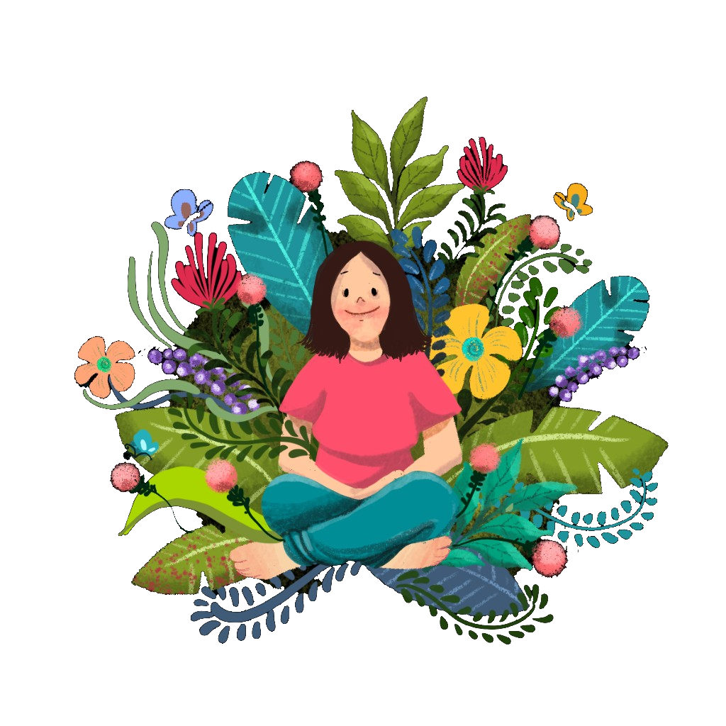 Illustration of a person sitting among flowers and leaves