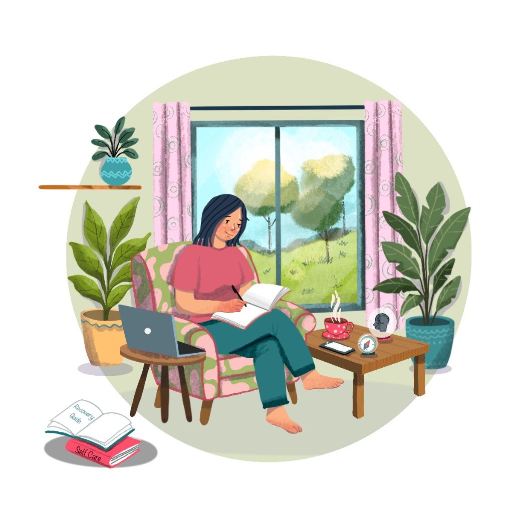 Person writing in a journal at home, with a recovery guide and a self-care book nearby
